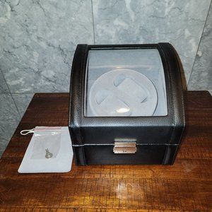Bey Berk Genuine Black Leather, Black Wood Watch Winder Box Clear Glass Lid